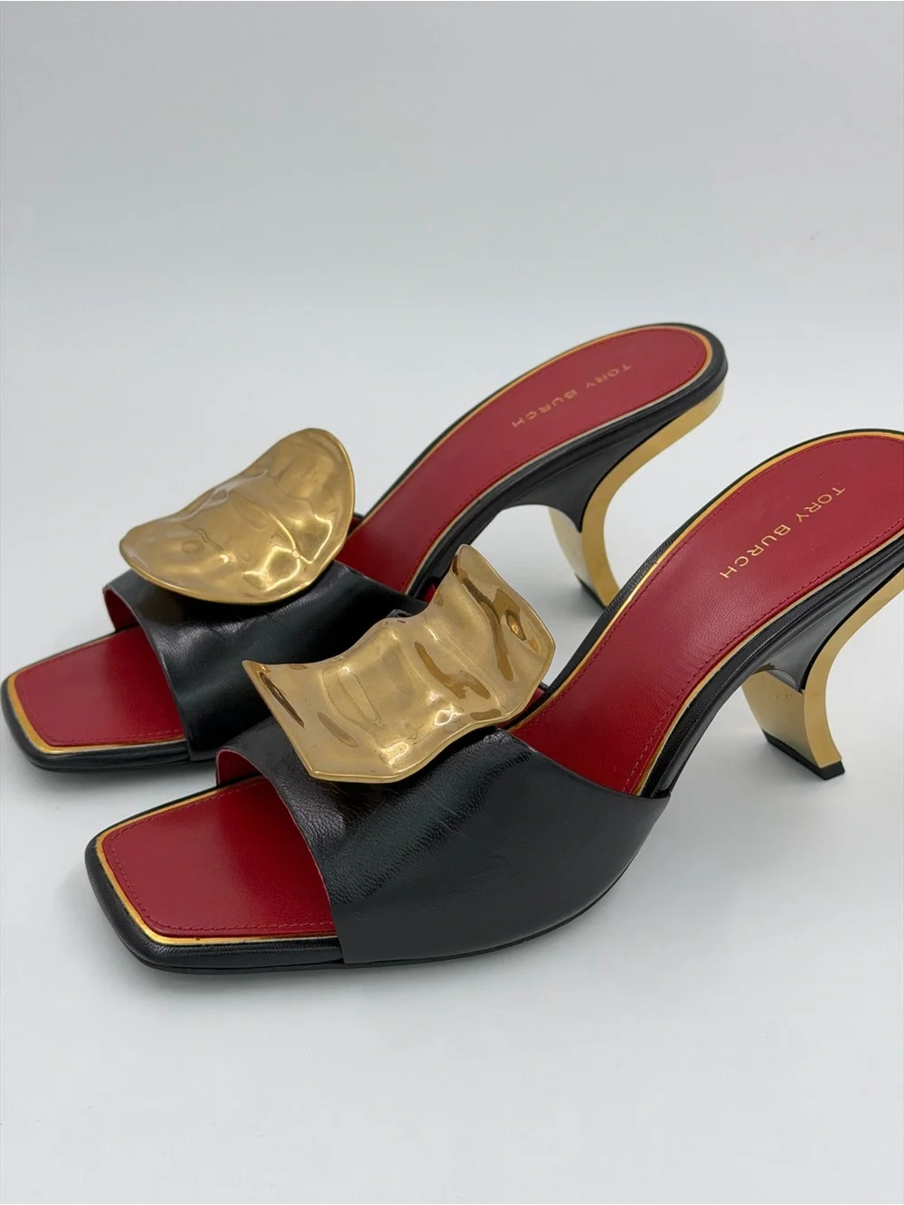 Tory Burch Patos Mismatch Heel Sandals – Black/Red/Gold – Size 8 – New in Box